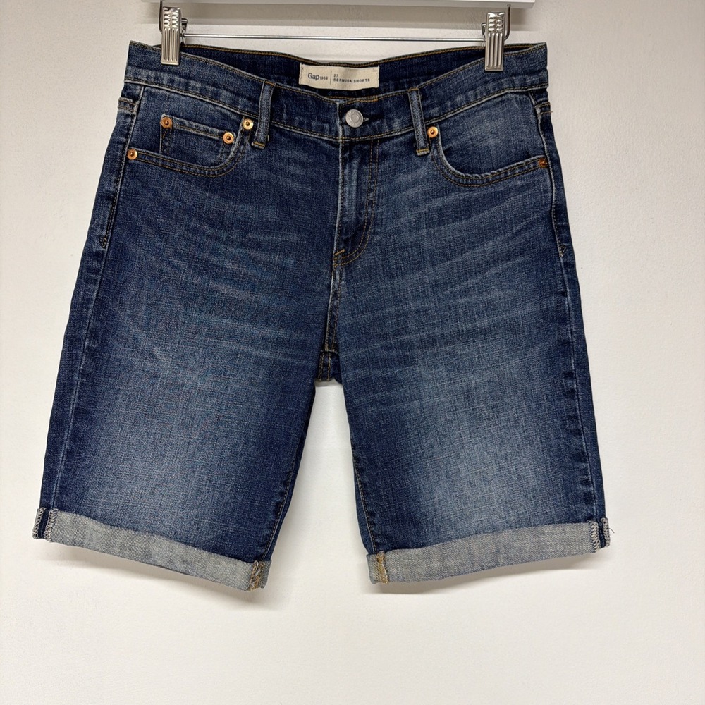Gap Womens Bermuda Denim Shorts Size 27 Mid Rise Cuffed Dark Wash